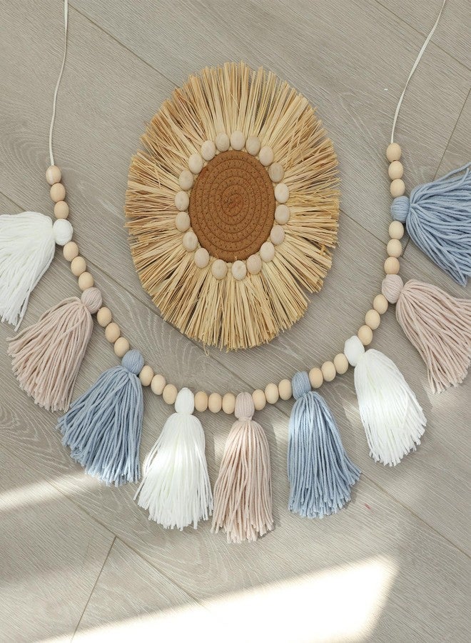 DCJHFJ Boho Yarn Tassel Garland Banner with Wood Beads Blue and White Wall Hanging for Baby Shower Kids Bedroom Nursey Decor - Image 2